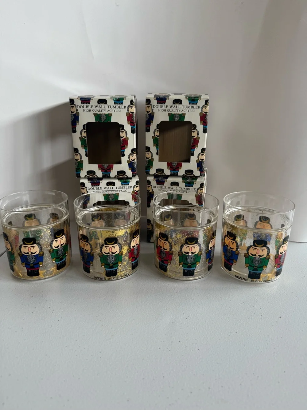 Vintage Dezine Nutcrackers Acrylic Double Wall Tumblers Christmas Set Of 4 NIB